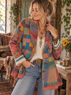 682 - IVKO Woman 36 Floral Patchwork Jacquard Shawl Collar Cardigan